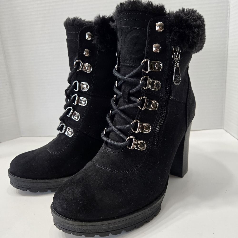G Guess Boots Women's 6 M Black Faux Leather Faux Fur Lined Zipper Heels EUC